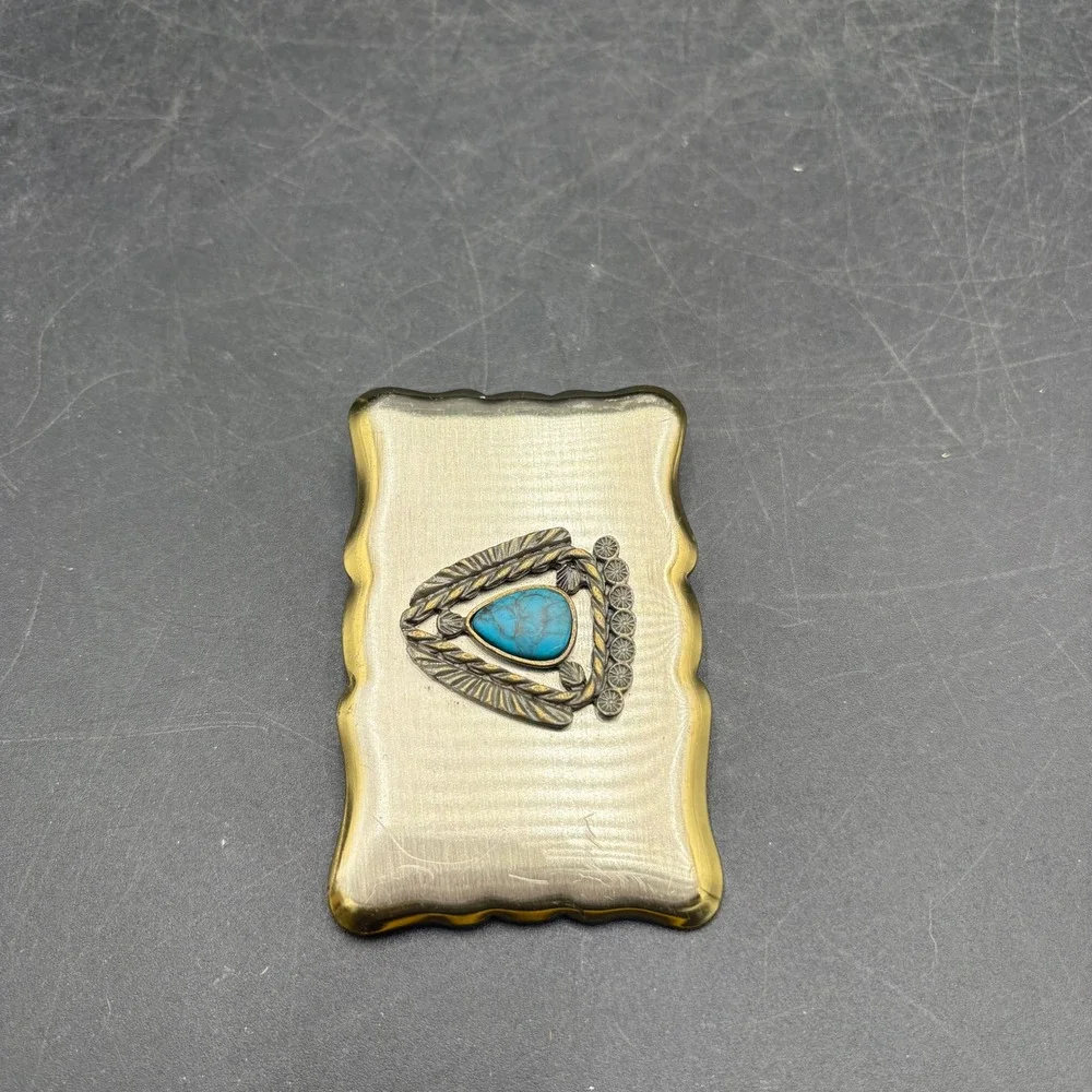 Vtg Native American Theme Belt Buckle Faux Turquoise Scalloped Edge Southwestern